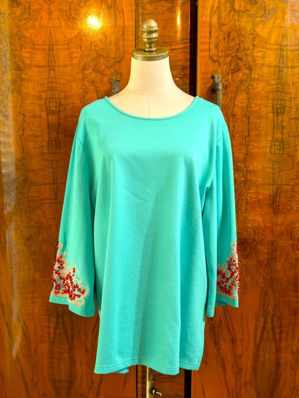 Bob Mackie Wearable Art Top Size XL Women's Green Knit Gemstone Beaded Tunic